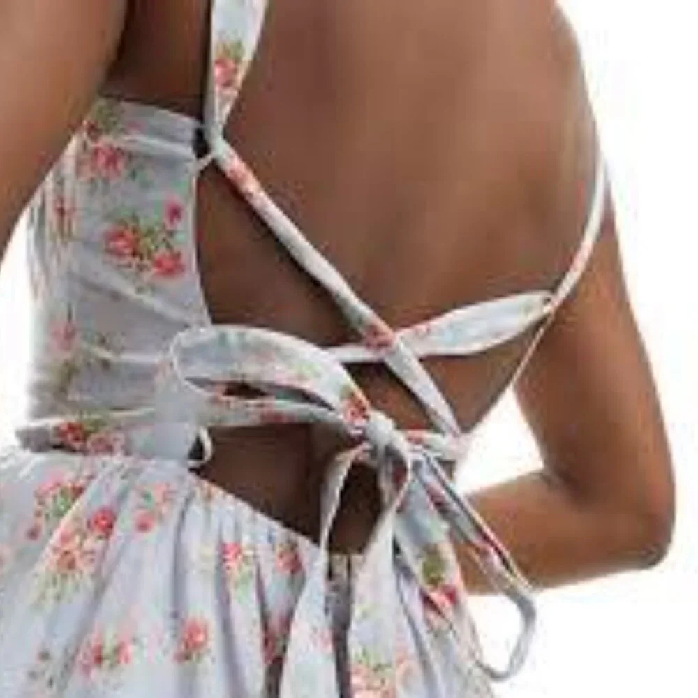 NWT Sz L Lace-Up Back Tiered Floral Blue Maxi Dress